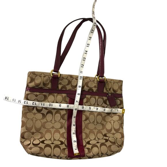 Coach Signature Stripe Tote Bag Tan Jacquard Pink Plum Patent Leather F28504 - Picture 14 of 15